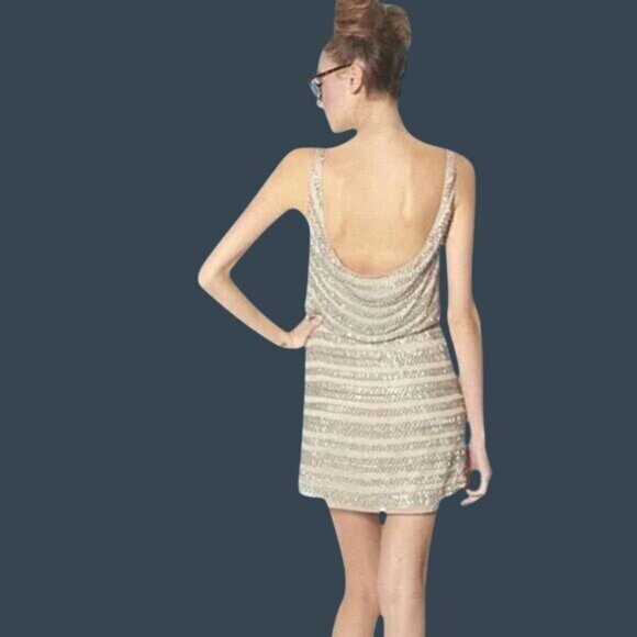 Vintage NWT Alice & Olivia Luxury Designer Nude Beaded Scoop Back Tank Dress - Picture 12 of 16